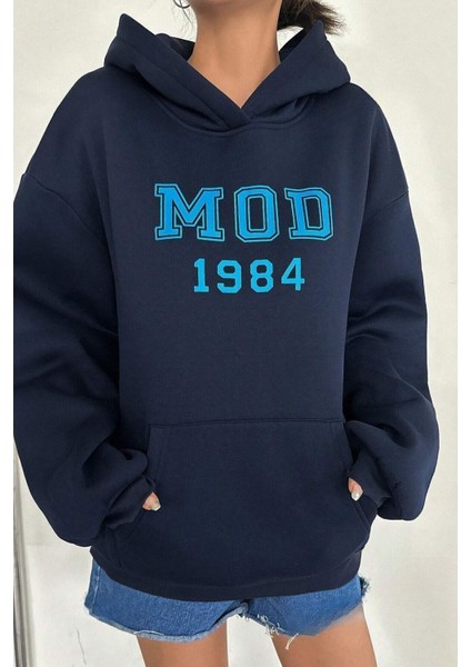 Kadın Lacivert Mod 1984 Baskılı Oversize Kapüşonlu Sweatshirt Hoodie