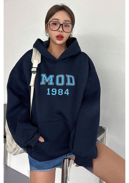 Kadın Lacivert Mod 1984 Baskılı Oversize Kapüşonlu Sweatshirt Hoodie