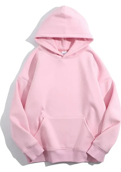 Kadın Pembe Düz Oversize Kapüşonlu Sweatshirt Hodie