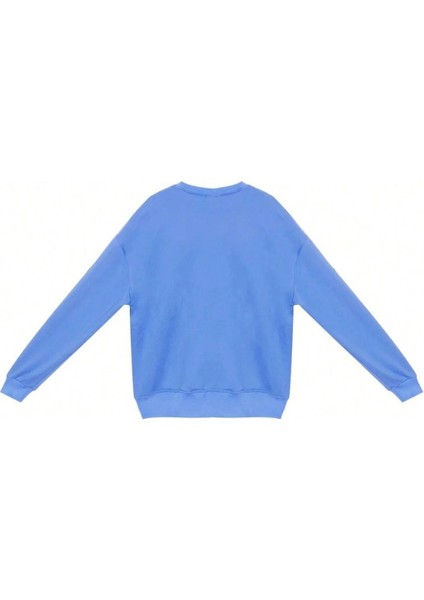 Kadın Indigo Mavi Royal Baskılı Bisiklet Yaka Salaş Uzun Kollu Oversize Sweatshirt fiyatları
