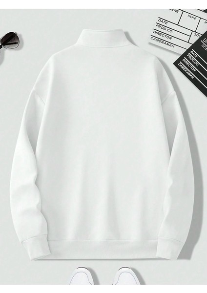3 Iplik Beyaz Metal Fermuarlı Dik Yaka Oversize Sweatshirt fiyatları