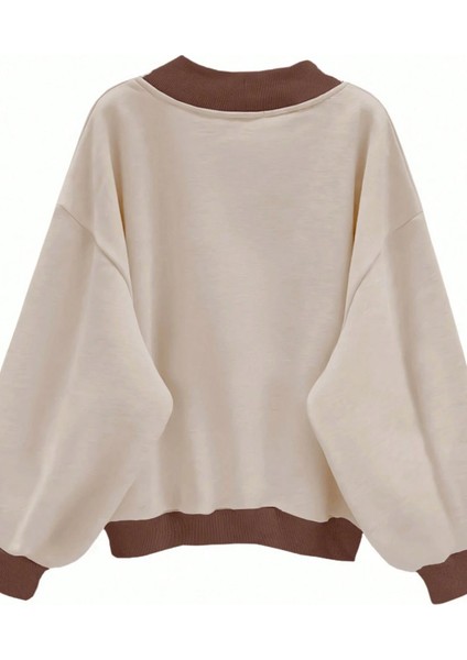 Kadın 3 Iplik Bej Comfort In Paris Baskılı V Yaka Oversize Sweatshirt fiyatları