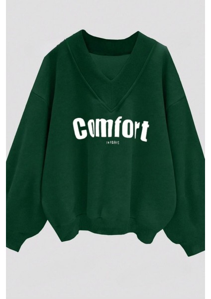 Kadın 3 Iplik Yeşil Comfort In Paris Baskılı V Yaka Oversize Sweatshirt