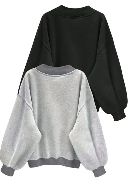 Kadın Lightgri-Siyah 2'li Comfort In Paris Baskılı V Yaka Oversize Sweatshirt fiyatları