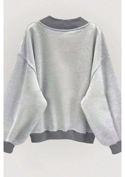 Kadın Lightgri Düz V Yakalı Oversize Sweatshirt fiyatları