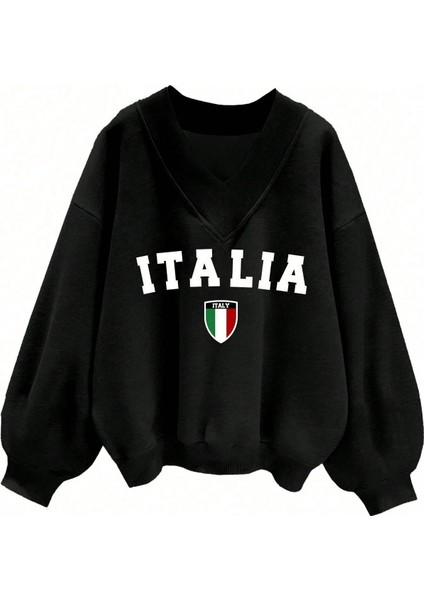 Kadın 3 Iplik Siyah Italia Baskılı V Yaka Oversize Sweatshirt