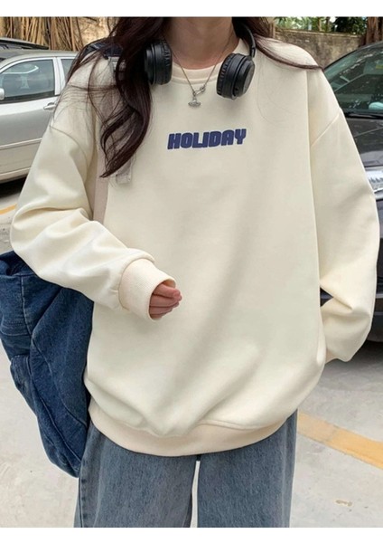Kadın Ekru Holiday Baskılı Oversize Sweatshirt