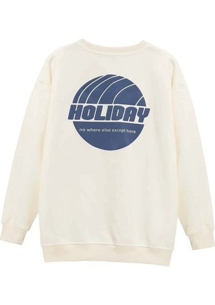 Kadın Ekru Holiday Baskılı Oversize Sweatshirt fiyatları