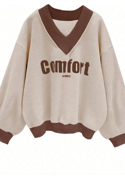 Kadın 3 Iplik Bej Comfort In Paris Baskılı V Yaka Oversize Sweatshirt