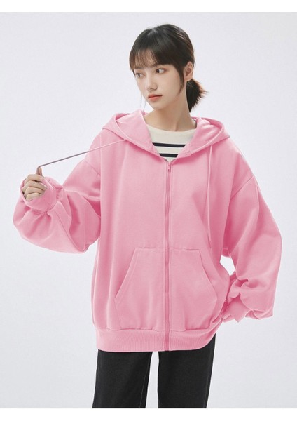 Kadın 3 Iplik Pembe Kapüşon Detay Fermuarlı Hırka modelleri