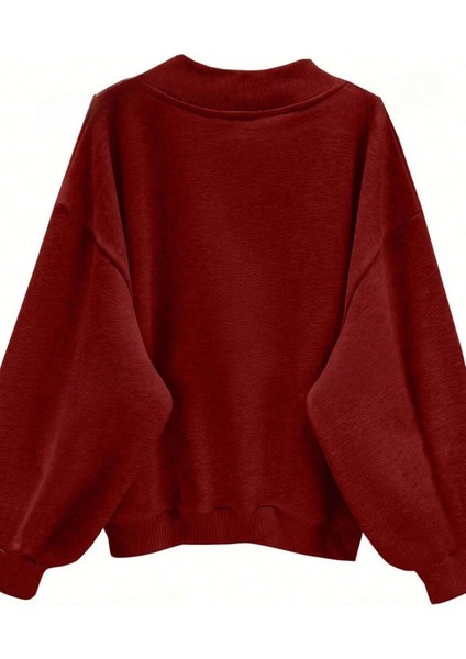 Kadın 3 Iplik Kırmızı Düz V Yaka Oversize Sweatshirt