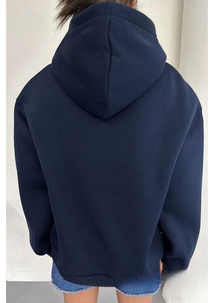 Kadın Lacivert Mod 1984 Baskılı Oversize Kapüşonlu Sweatshirt Hoodie fiyatları