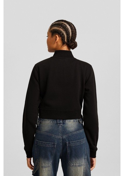 Kadın %100 Pamuk Siyah Şardonsuz 3 Iplik Yumuşak Dokulu Fermuarlı Dik Yaka Sweatshirt
