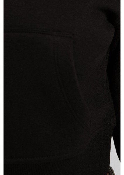 Kadın %100 Pamuk Siyah Şardonsuz 3 Iplik Yumuşak Dokulu Fermuarlı Dik Yaka Sweatshirt