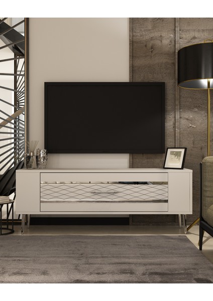 Retrolp2dd Tv Sehpası Beyaz-Gümüş