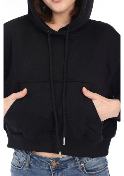 Premium Kalite Pamuk 3 Iplik Kadın Siyah Kapüşonlu Kanguru Cepli Bağcıklı Kısa Crop Sweatshirt