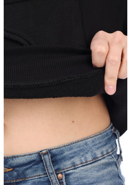 Premium Kalite Pamuk 3 Iplik Kadın Siyah Kapüşonlu Kanguru Cepli Bağcıklı Kısa Crop Sweatshirt