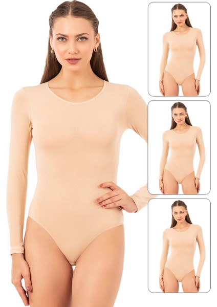 Özkan 0600 3'lü Paket Kadın Pamuklu Likralı Süprem Uzun Kollu Yuvarlak Yaka Kancalı Çıtçıtlı Örme Body