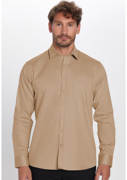 Erkek Regular Fit Klasik Kesim %100 Pamuk Saten Tek Cepli krem Gömlek modelleri
