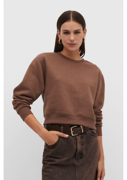 Kahverengi Pamuk Kadın Basic Crop Bisiklet Yaka Uzun Kollu Sweatshirt