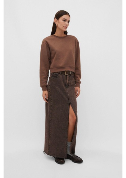 Kahverengi Pamuk Kadın Basic Crop Bisiklet Yaka Uzun Kollu Sweatshirt fiyatları