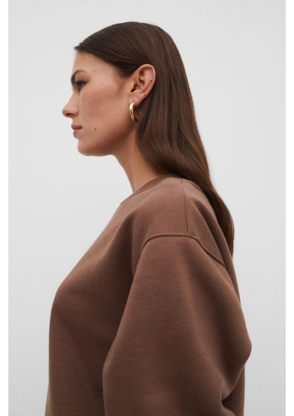 Kahverengi Pamuk Kadın Basic Crop Bisiklet Yaka Uzun Kollu Sweatshirt fırsatları