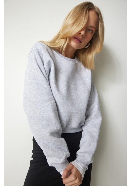 Pamuk Gri Melanj Ultra Diagonel Şardonlu 3 İplik Bisiklet Yaka Basic Sweatshirt