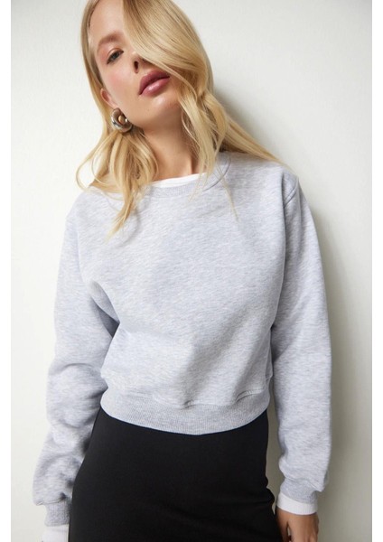 Pamuk Gri Melanj Ultra Diagonel Şardonlu 3 İplik Bisiklet Yaka Basic Sweatshirt modelleri