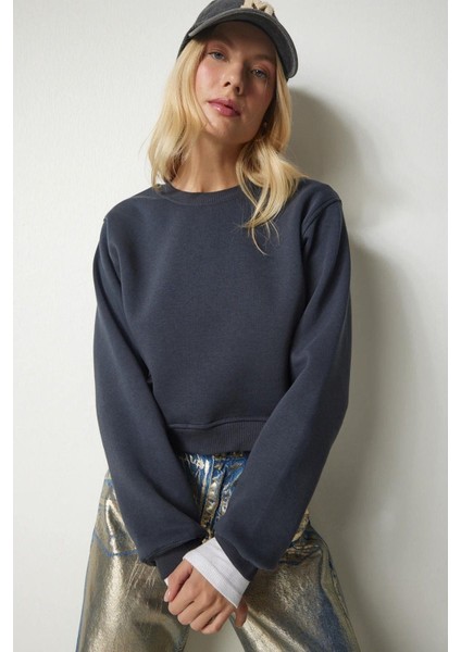 Kadın Pamuk Antrasit Ultra Diagonel Şardonsuz 3 İplik Bisiklet Yaka Basic Sweatshirt