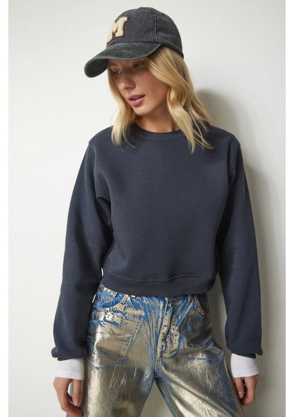 Kadın Pamuk Antrasit Ultra Diagonel Şardonsuz 3 İplik Bisiklet Yaka Basic Sweatshirt