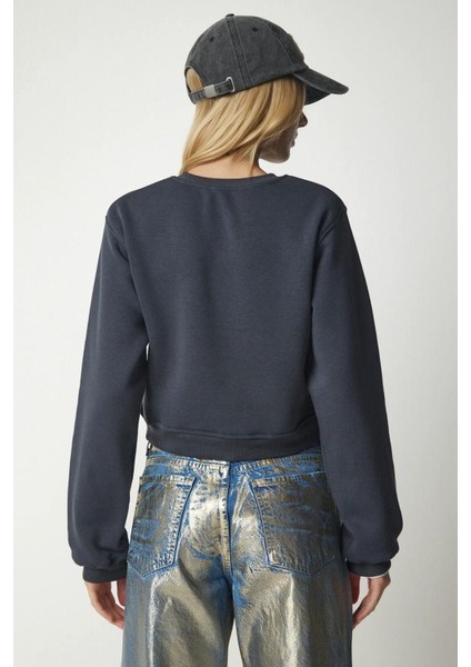 Kadın Pamuk Antrasit Ultra Diagonel Şardonsuz 3 İplik Bisiklet Yaka Basic Sweatshirt