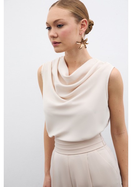 Degaje Yaka Şifon Bluz - Bej fiyatları