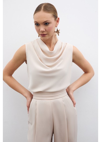 Degaje Yaka Şifon Bluz - Bej modelleri