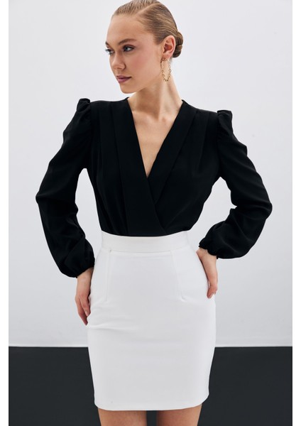 447-1009 Siyah Kadın Kruvaze Bodysuit Bluz modelleri