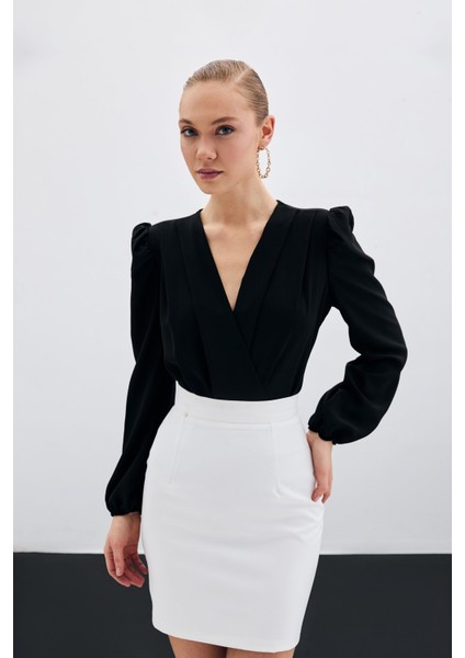 447-1009 Siyah Kadın Kruvaze Bodysuit Bluz fırsatları