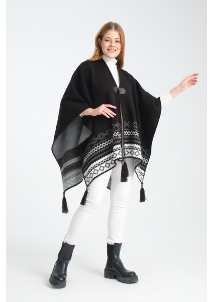 Vega Moda Etnik Desenli Panço, Balıkçı Dikişli Düğme Detaylı Panço, Dış Giyim Panço, Triko Örğü Şık Panço modelleri