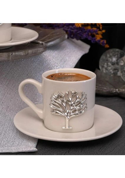Hayat Ağacı Platin Gümüş Kabartma Motif 4 Parça 2 Kişilik Kahve Fincan Takımı 100 ml