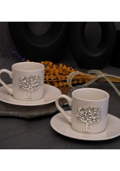 Hayat Ağacı Platin Gümüş Kabartma Motif 4 Parça 2 Kişilik Kahve Fincan Takımı 100 ml