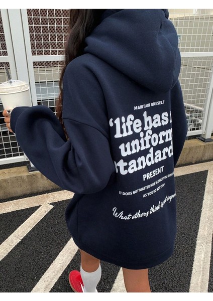 Kadın Lacivert Oversize Life Has Baskılı Kapüşonlu Sweatshirt Hoodie