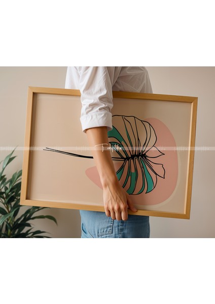 Floral Çizgisel Çiçek Sanat 3'lü Ahşap Çerçeveli Tablo Seti - 21 x 30