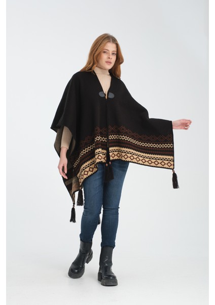 Vega Moda Etnik Desenli Panço, Balıkçı Dikişli Düğme Detaylı Panço, Dış Giyim Panço, Triko Örğü Şık Panço