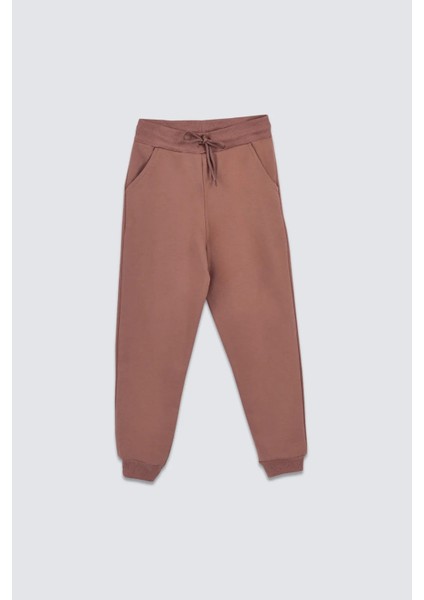 2 Iplik Şardonlu Düz Renk Beli Bağcıklı Cepli erkek ve kız çocuk için Unisex Eşofman Altı (Taba)