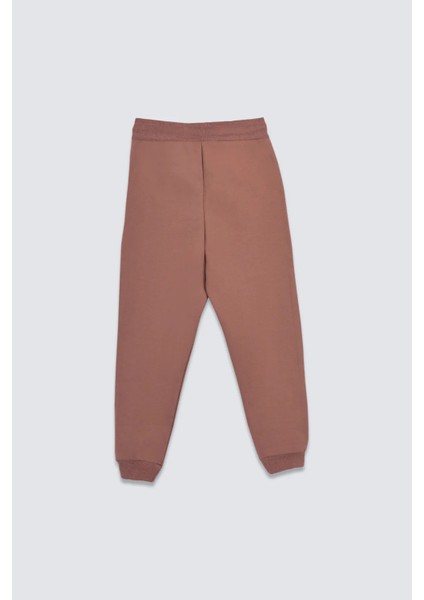 2 Iplik Şardonlu Düz Renk Beli Bağcıklı Cepli erkek ve kız çocuk için Unisex Eşofman Altı (Taba)