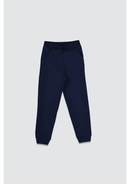 2 Iplik Şardonlu Düz Renk Beli Bağcıklı Cepli erkek ve kız çocuk için Unisex Eşofman Altı (Lacivert)