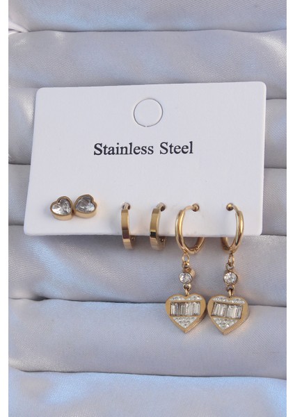 316L Çelik Gold Renk Zirkon Taşlı Kalp Model Halka Küpe Seti - TJ-BKP9151 fiyatları
