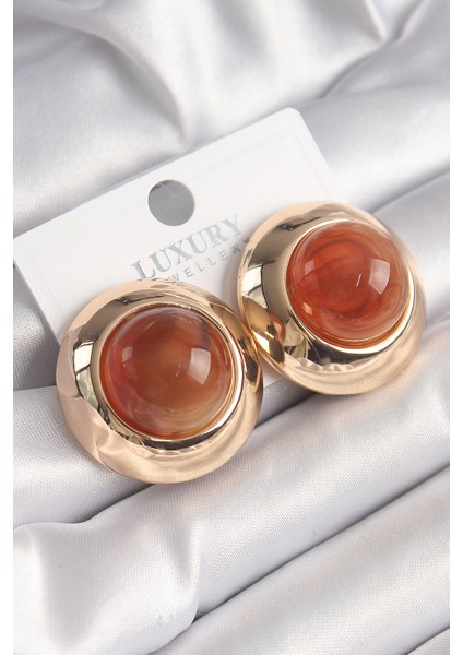 Pirinç Gold Renk Turuncu Doğal Taşlı Vintage Kadın Küpe - TJ-BKP9828