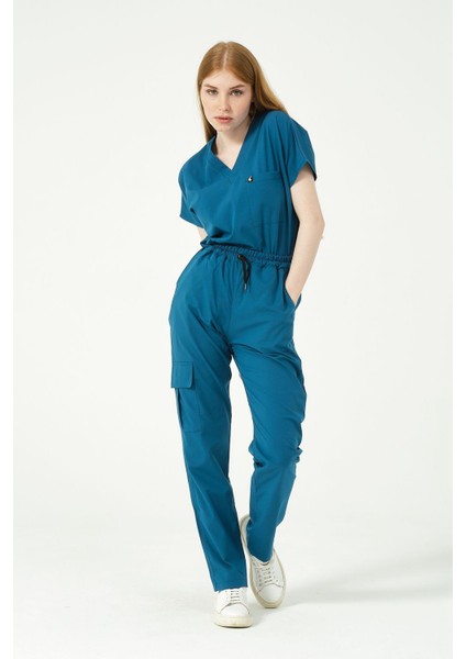 Turkuaz Likralı Scrubs Kargo Cep Doktor Hemşire Forması Yarasa Kol Takım