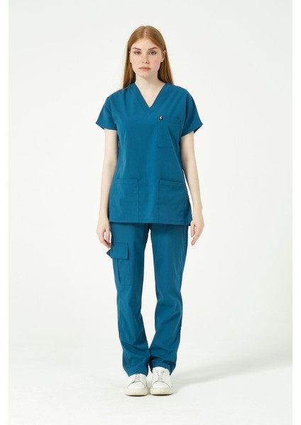 Turkuaz Likralı Scrubs Kargo Cep Doktor Hemşire Forması Yarasa Kol Takım modelleri