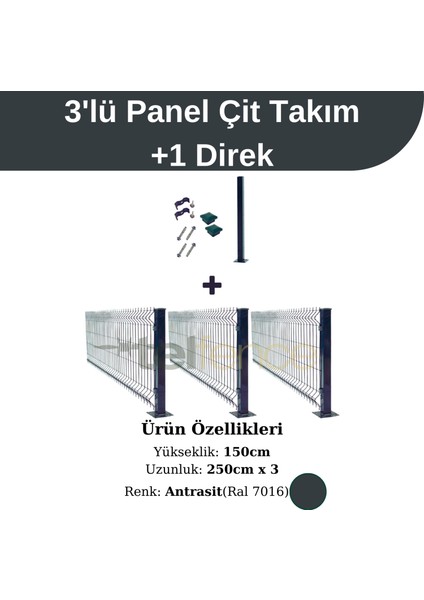 3 'lü Panel Çit Takım 150x250 Cm Antrasit Çift Telli 7,5 Metre