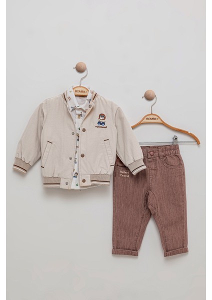 Kolej Ceketli Nakış Detaylı Desenli Gömlek Pantolon Kombin 3'lü Erkek Bebek Takım